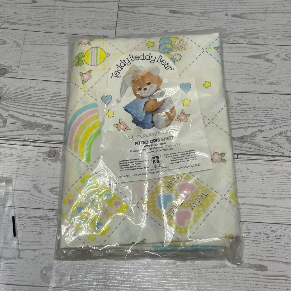 Teddy Beddy Bear Vintage Fitted Crib Sheet 100% Cotton Pastel Rainbow 80s Riegel